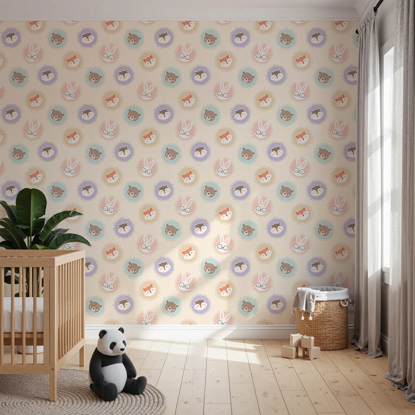 Front view of Whimsy Tots' Woodland Buddy Portraits Wallpaper in Buttercream