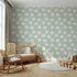 Front view of Whimsy Tots' Sleepy Stardust Sheep Wallpaper in Sage Green