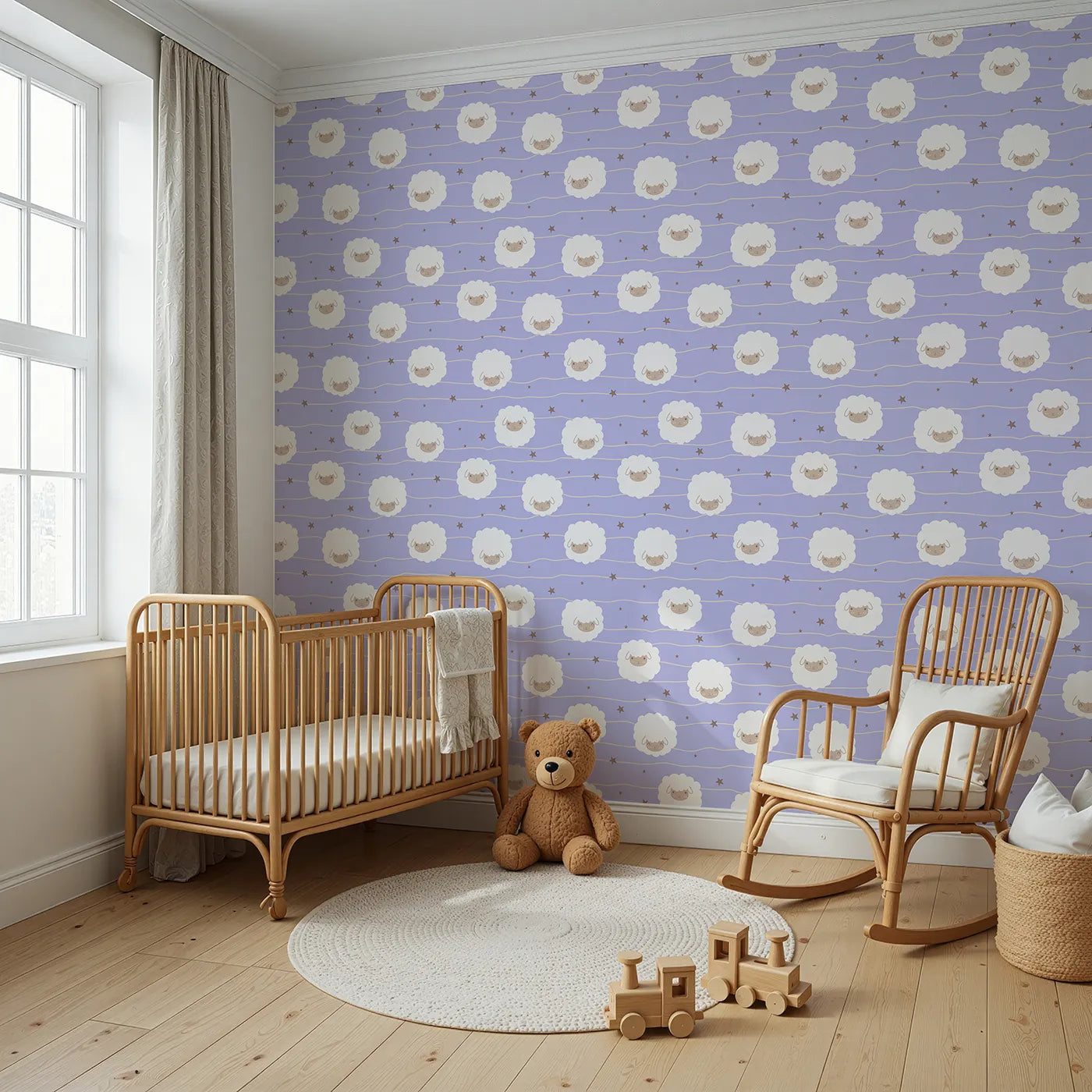 Angled view of Whimsy Tots' Sleepy Stardust Sheep Wallpaper in Lavender Mist (W3445E).Fluffy sheep float through a dreamy lavender night, full of calm and wonder.