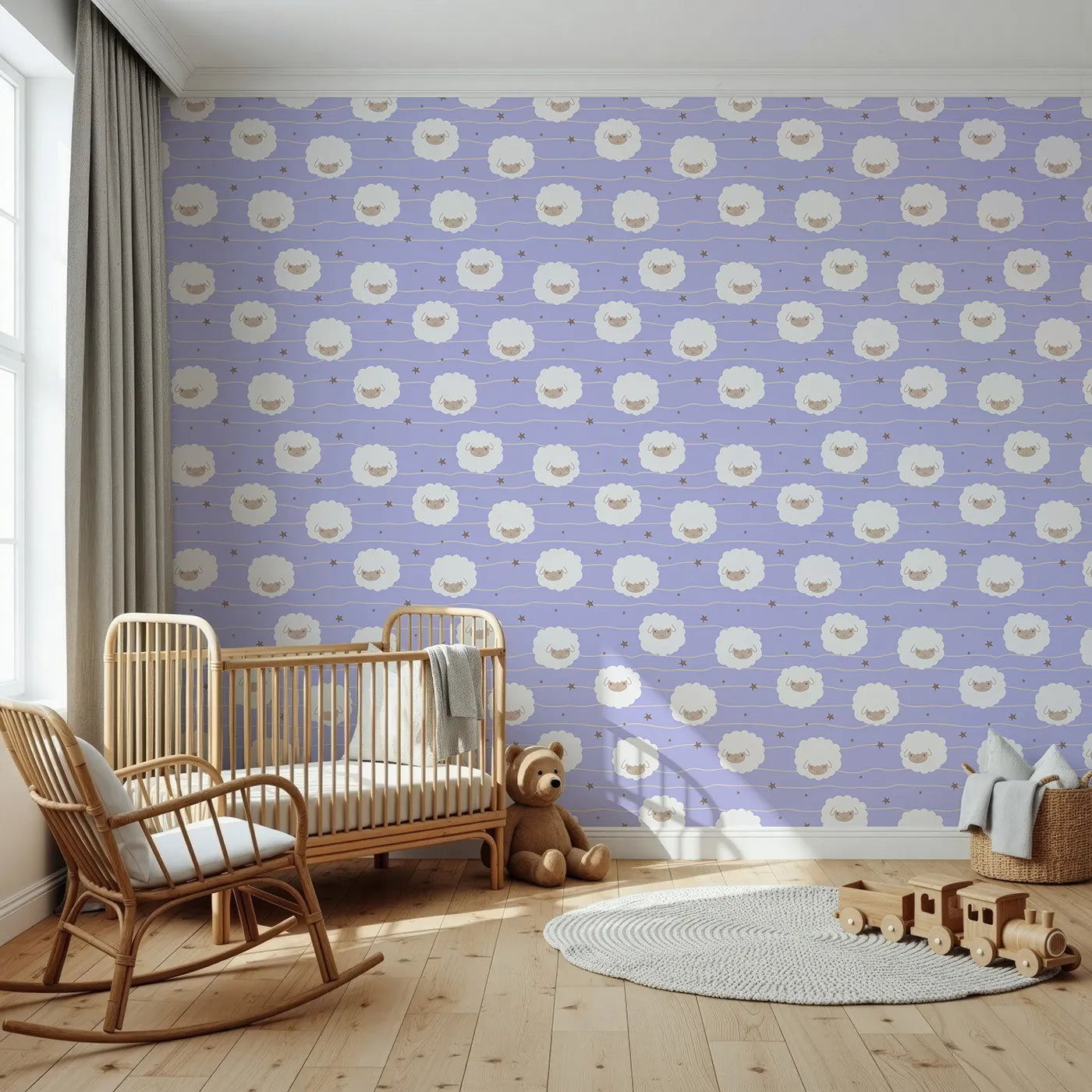 Front view of Whimsy Tots' Sleepy Stardust Sheep Wallpaper in Lavender Mist