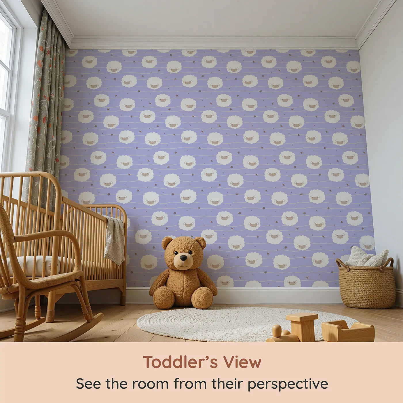 Whimsy Tots Sleepy Stardust Sheep Wallpaper in Lavender Mist (W3445E) from your child's view.Fluffy sheep float through a dreamy lavender night, full of calm and wonder.
