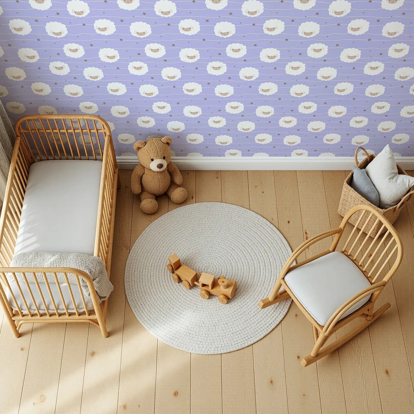 Top-Down view of Whimsy Tots' Sleepy Stardust Sheep Wallpaper in Lavender Mist (W3445E).Fluffy sheep float through a dreamy lavender night, full of calm and wonder.