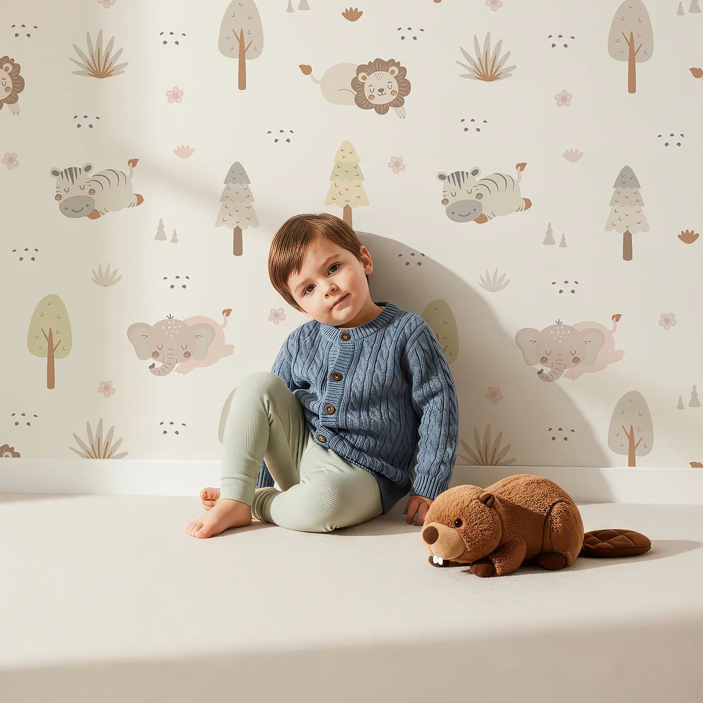 Lovely child standing in front of Whimsy Tots Sleepy Safari Snuggles Wallpaper in Cream with elephant, zebra, lion, giraffe, hippo, tree, flower in design.