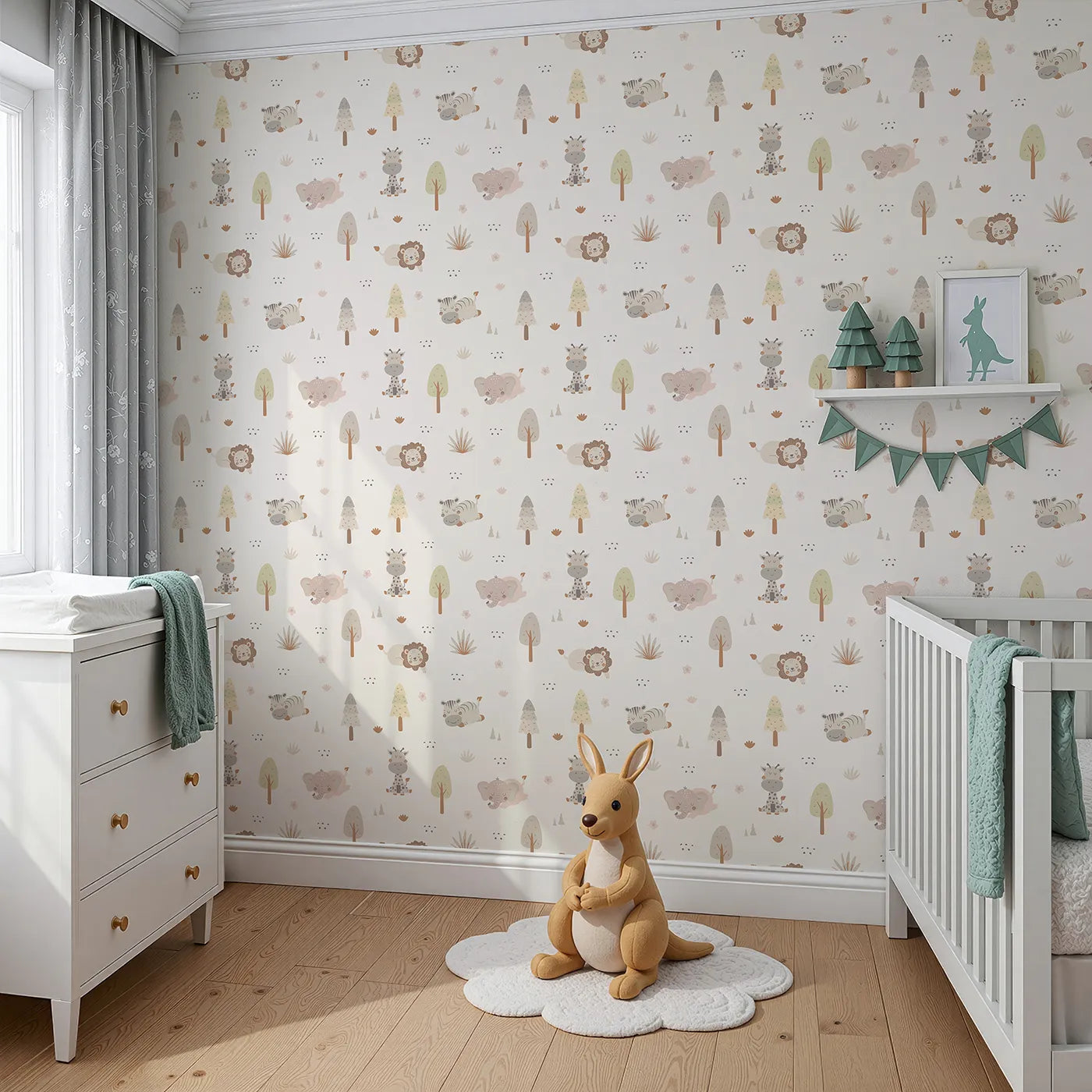 Angled view of Whimsy Tots' Sleepy Safari Snuggles Wallpaper in Cream (W3447A).Gentle jungle friends rest softly across a creamy forest sky.