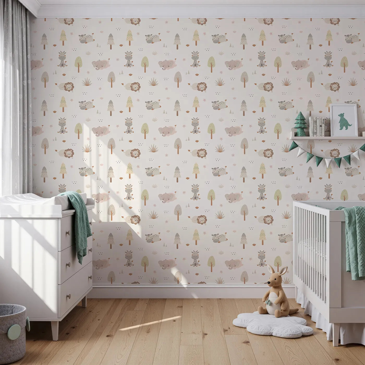 Front view of Whimsy Tots' Sleepy Safari Snuggles Wallpaper in Cream