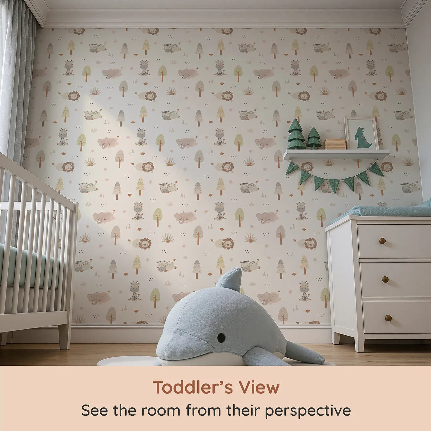 Whimsy Tots Sleepy Safari Snuggles Wallpaper in Cream (W3447A) from your child's view.Gentle jungle friends rest softly across a creamy forest sky.
