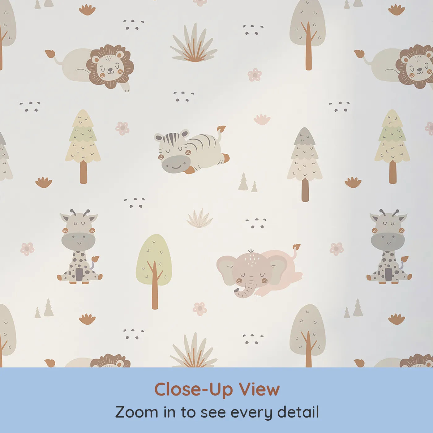 Close-up view of Whimsy Tots' Sleepy Safari Snuggles Wallpaper in Cream (W3447A).Gentle jungle friends rest softly across a creamy forest sky.