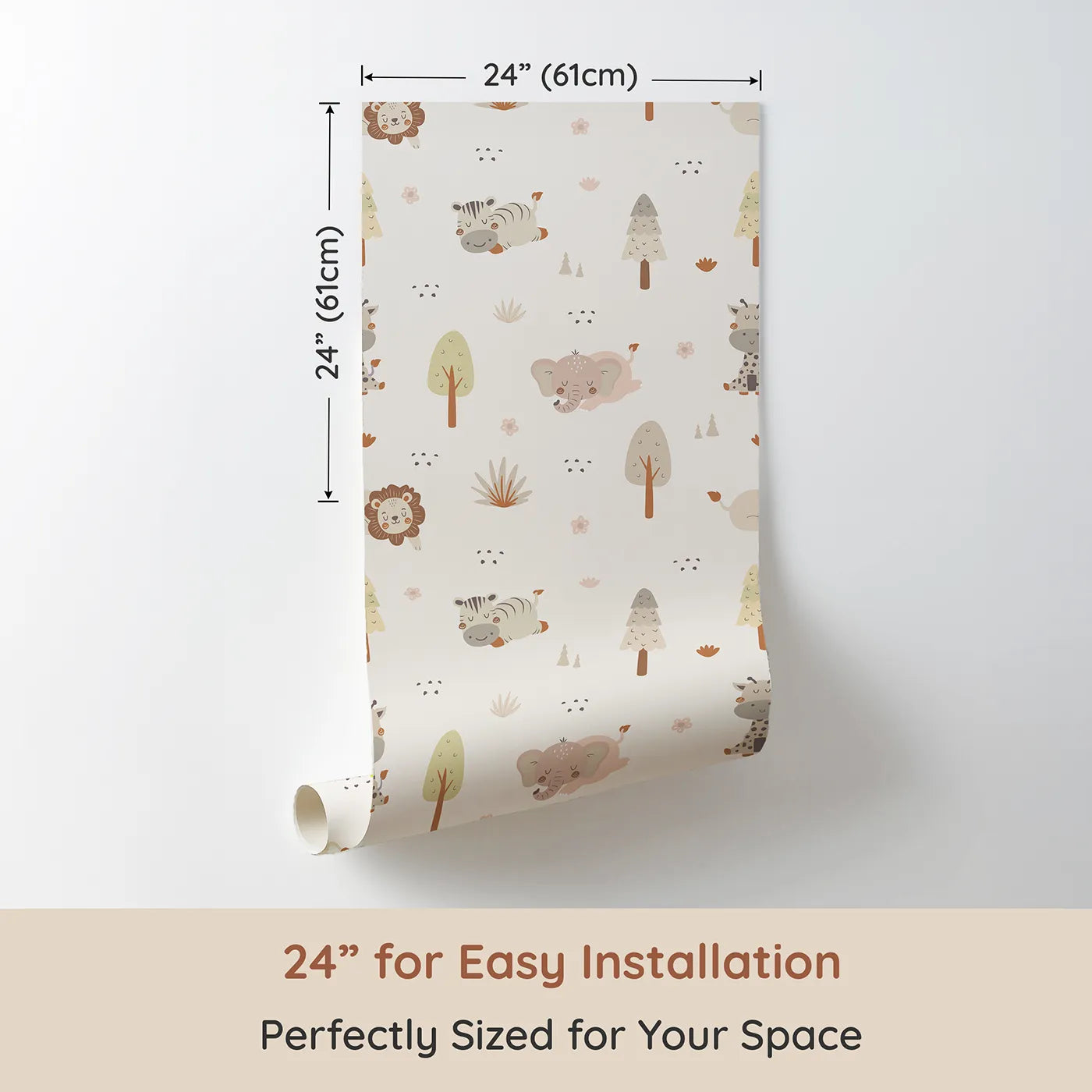 Dimension view of Whimsy Tots Sleepy Safari Snuggles Wallpaper in Cream (W3447A). Printed in 24-inch-wide panel for easy installation. Gentle jungle friends rest softly across a creamy forest sky.