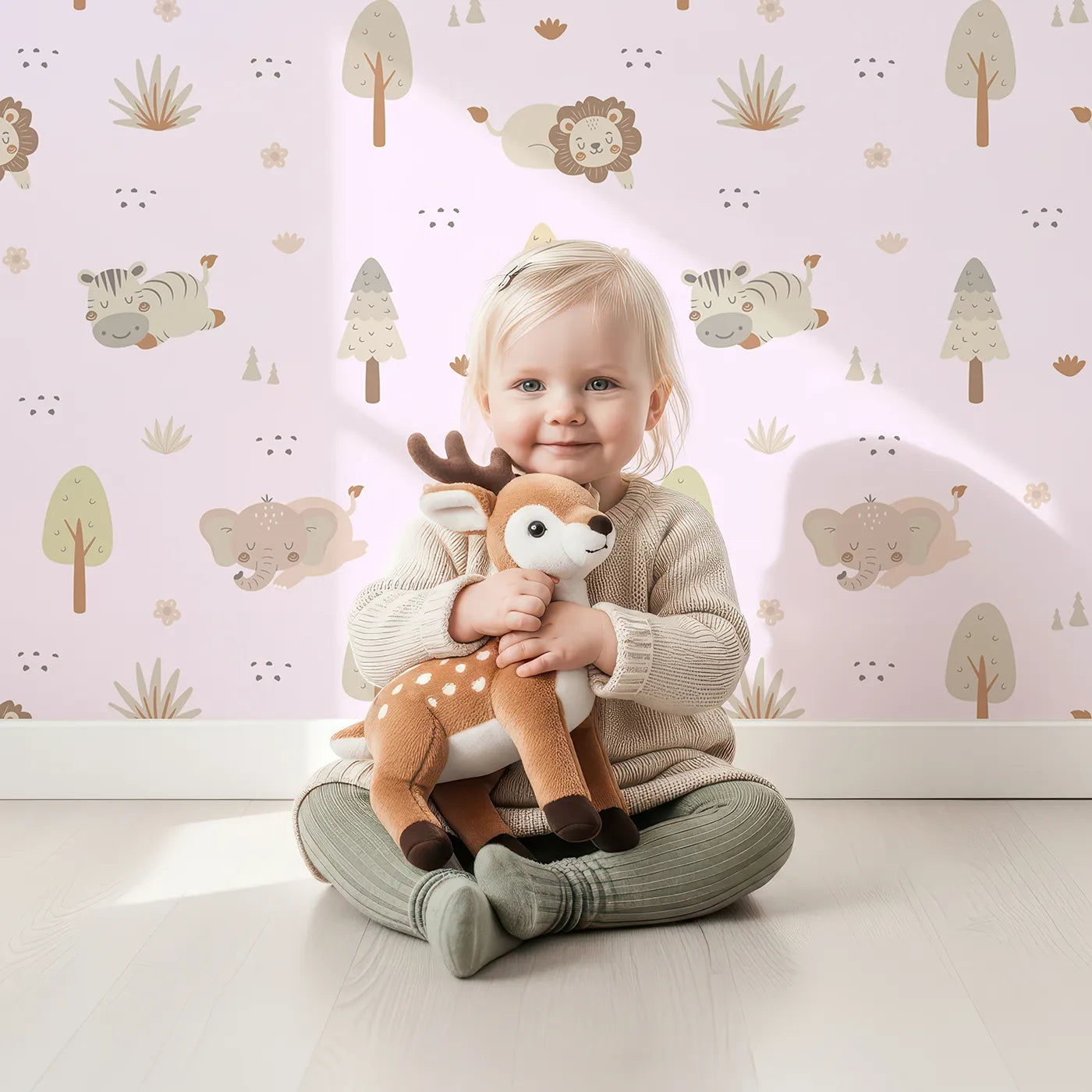 Lovely child standing in front of Whimsy Tots Sleepy Safari Snuggles Wallpaper in Lilac Lavender with elephant, zebra, lion, giraffe, hippo, tree, flower in design.