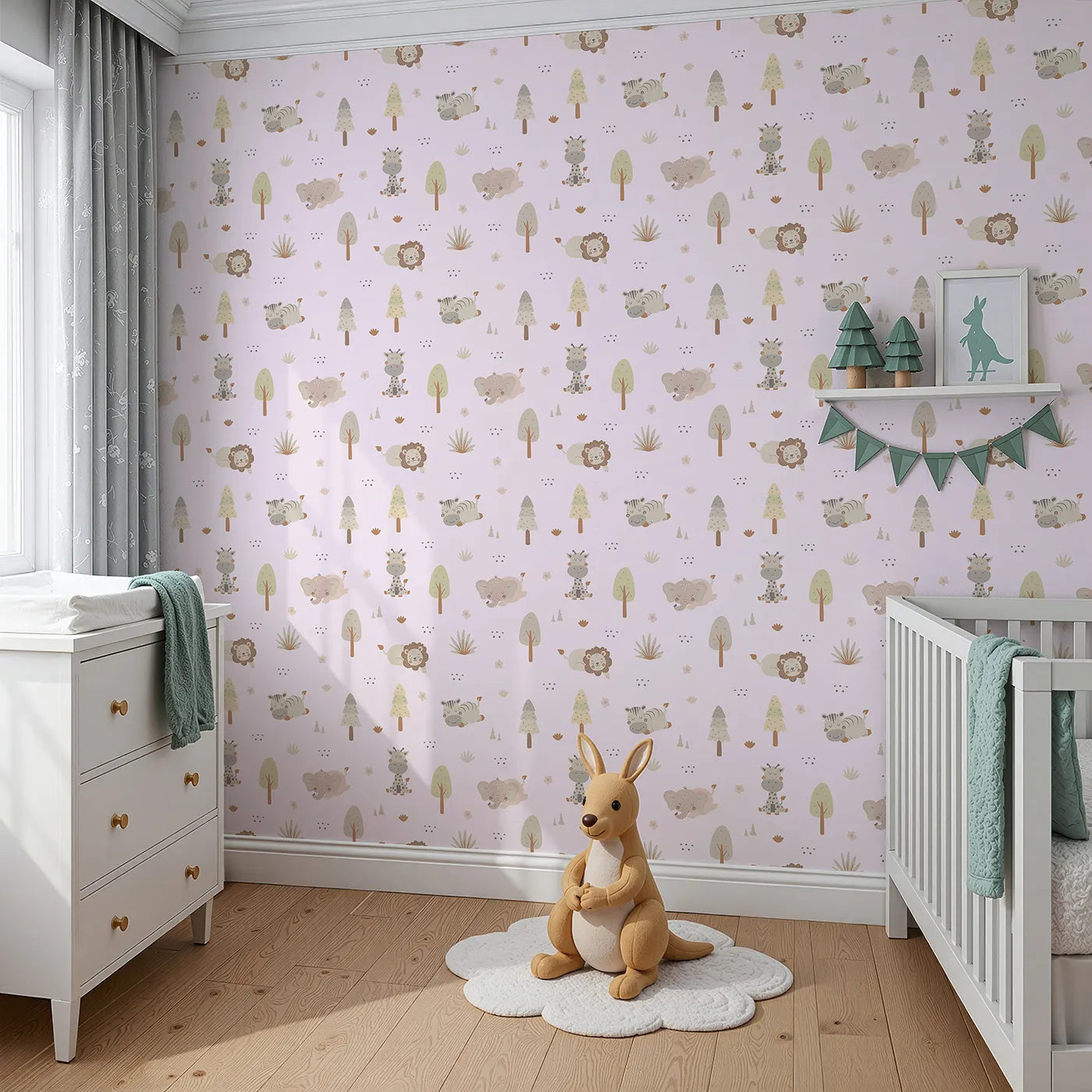 Angled view of Whimsy Tots' Sleepy Safari Snuggles Wallpaper in Lilac Lavender (W3447B).Gentle jungle friends rest softly across a lilac-toned forest sky.