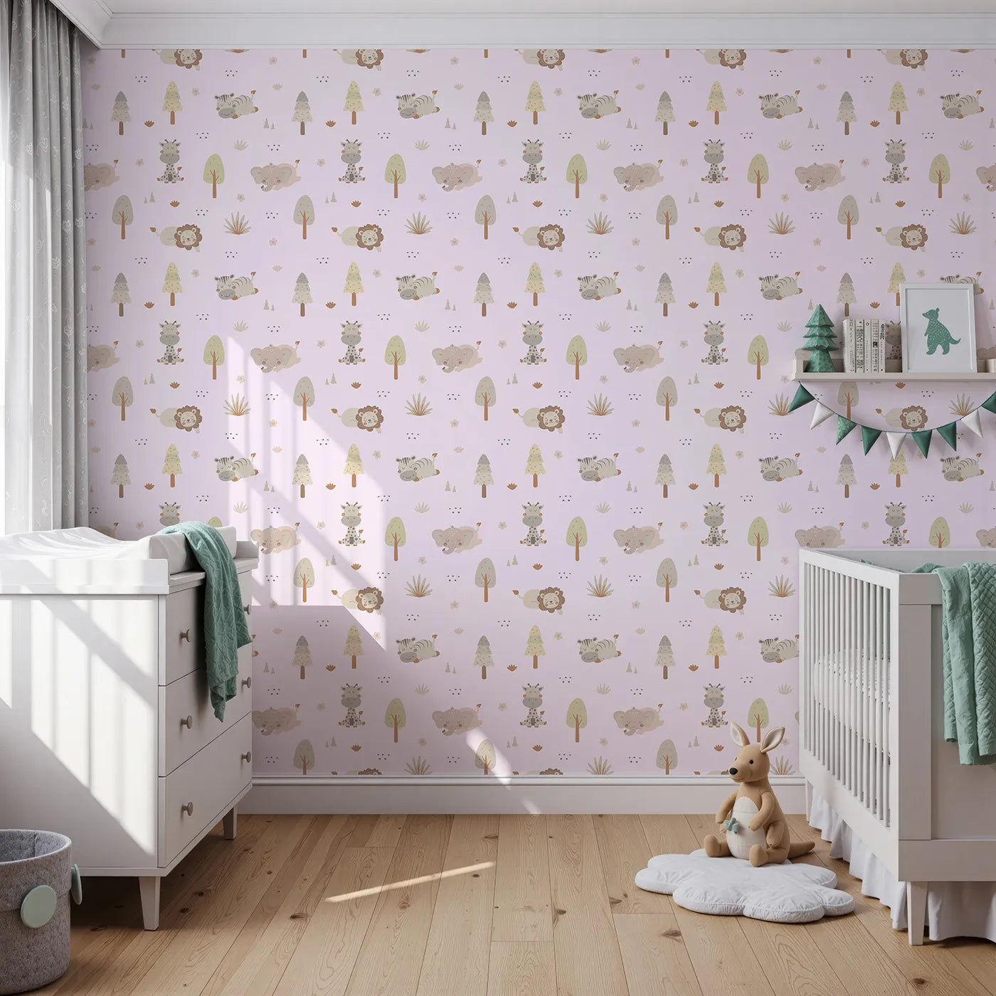 Front view of Whimsy Tots' Sleepy Safari Snuggles Wallpaper in Lilac Lavender