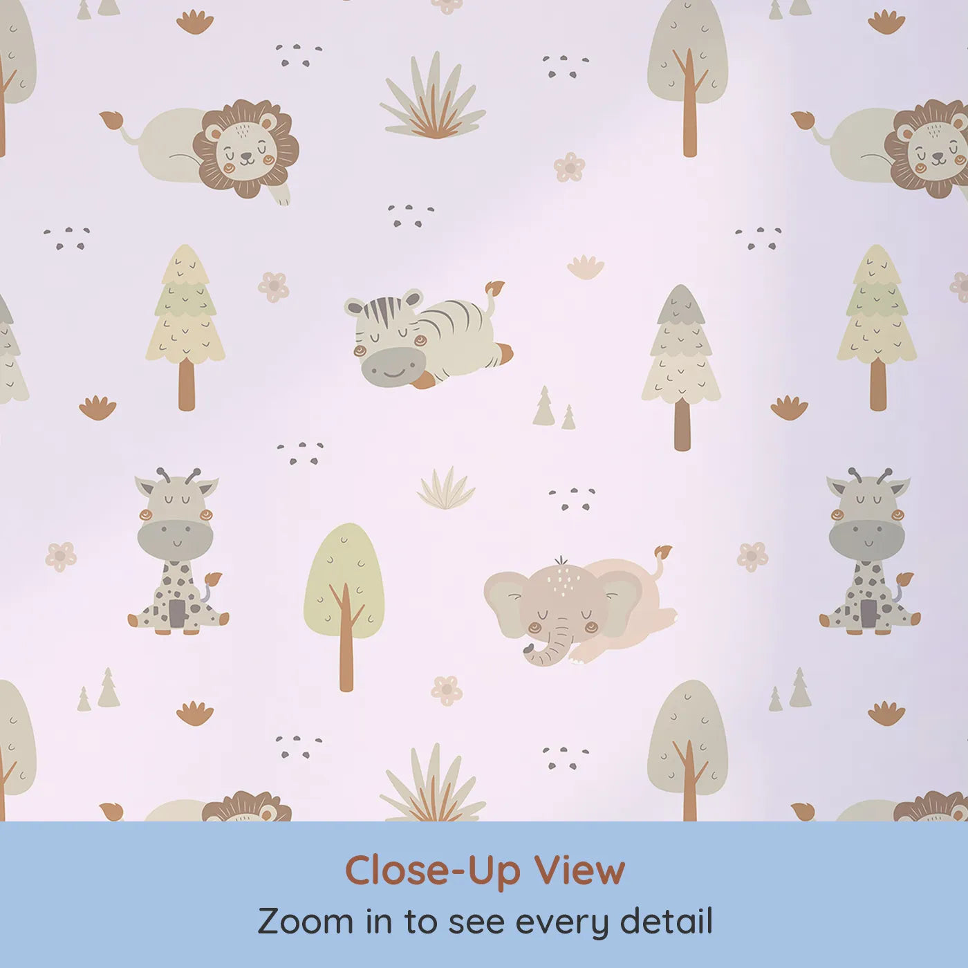 Close-up view of Whimsy Tots' Sleepy Safari Snuggles Wallpaper in Lilac Lavender (W3447B).Gentle jungle friends rest softly across a lilac-toned forest sky.