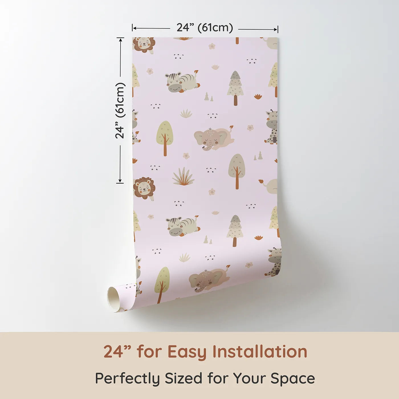 Dimension view of Whimsy Tots Sleepy Safari Snuggles Wallpaper in Lilac Lavender (W3447B). Printed in 24-inch-wide panel for easy installation. Gentle jungle friends rest softly across a lilac-toned forest sky.