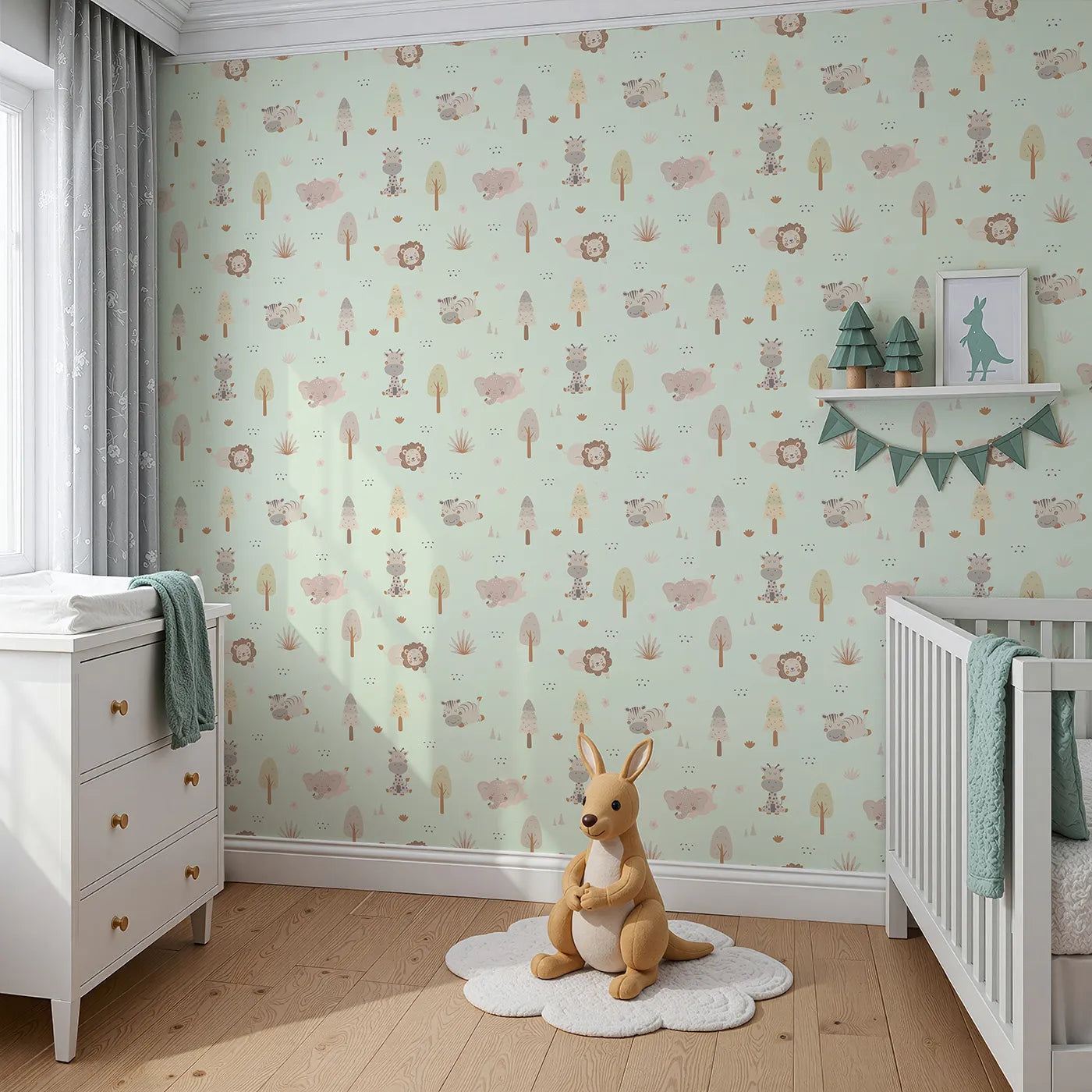 Angled view of Whimsy Tots' Sleepy Safari Snuggles Wallpaper in Mint Green (W3447C).Gentle jungle friends rest softly across a minty green forest sky.