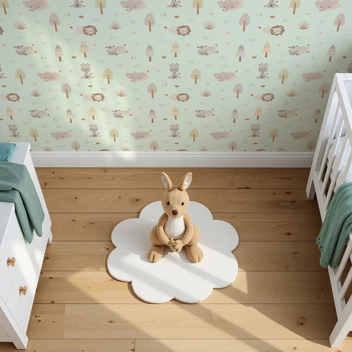 Top-Down view of Whimsy Tots' Sleepy Safari Snuggles Wallpaper in Mint Green (W3447C).Gentle jungle friends rest softly across a minty green forest sky.