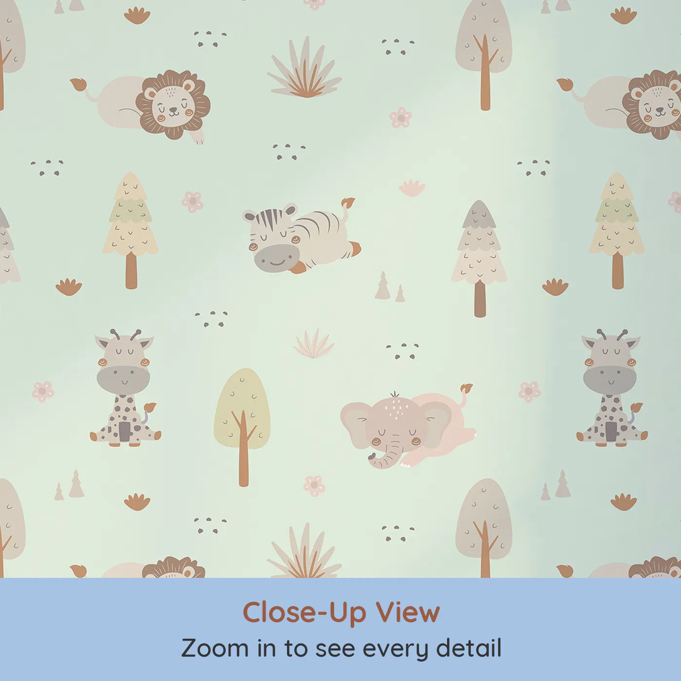 Close-up view of Whimsy Tots' Sleepy Safari Snuggles Wallpaper in Mint Green (W3447C).Gentle jungle friends rest softly across a minty green forest sky.