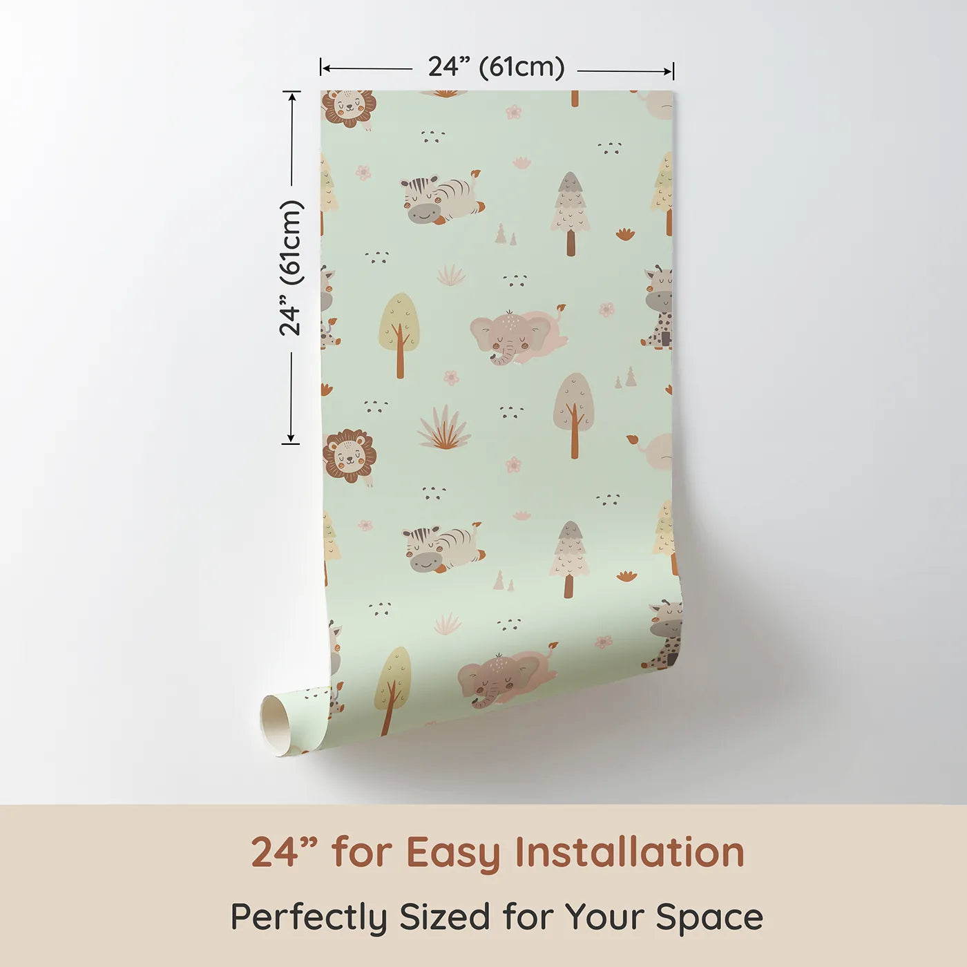Dimension view of Whimsy Tots Sleepy Safari Snuggles Wallpaper in Mint Green (W3447C). Printed in 24-inch-wide panel for easy installation. Gentle jungle friends rest softly across a minty green forest sky.