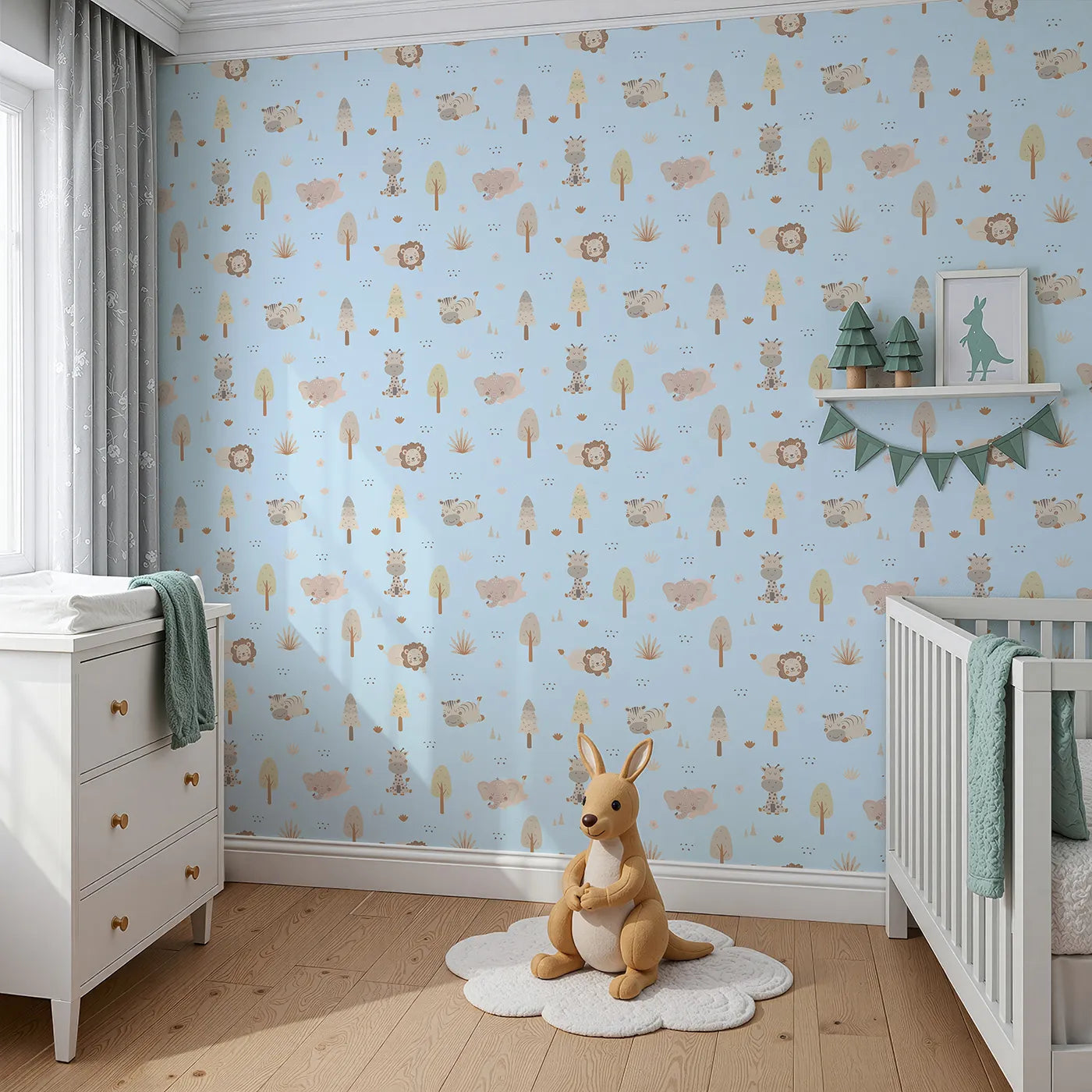 Angled view of Whimsy Tots' Sleepy Safari Snuggles Wallpaper in Sky Blue (W3447D).Gentle jungle friends rest softly across a breezy sky-blue backdrop.