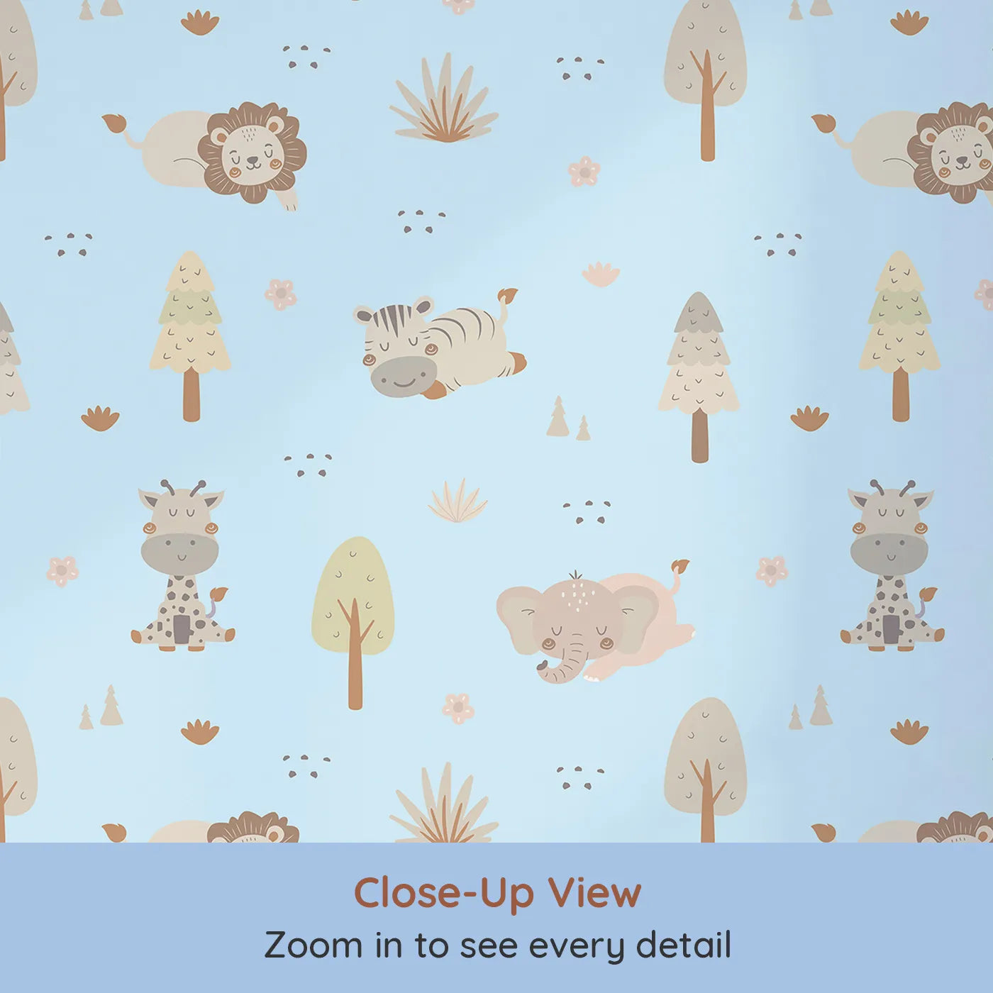 Close-up view of Whimsy Tots' Sleepy Safari Snuggles Wallpaper in Sky Blue (W3447D).Gentle jungle friends rest softly across a breezy sky-blue backdrop.