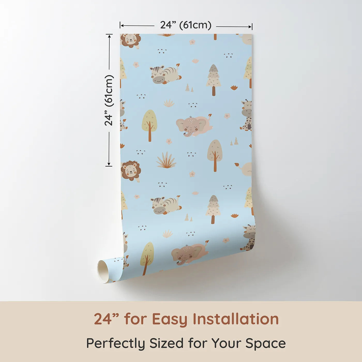Dimension view of Whimsy Tots Sleepy Safari Snuggles Wallpaper in Sky Blue (W3447D). Printed in 24-inch-wide panel for easy installation. Gentle jungle friends rest softly across a breezy sky-blue backdrop.