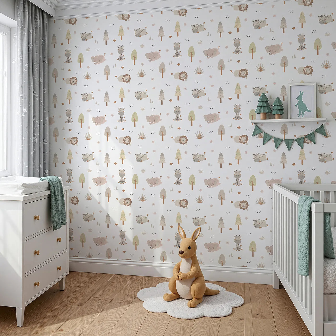 Angled view of Whimsy Tots' Sleepy Safari Snuggles Wallpaper in Soft White (W3447E).Gentle jungle friends rest softly across a snowy white sky.