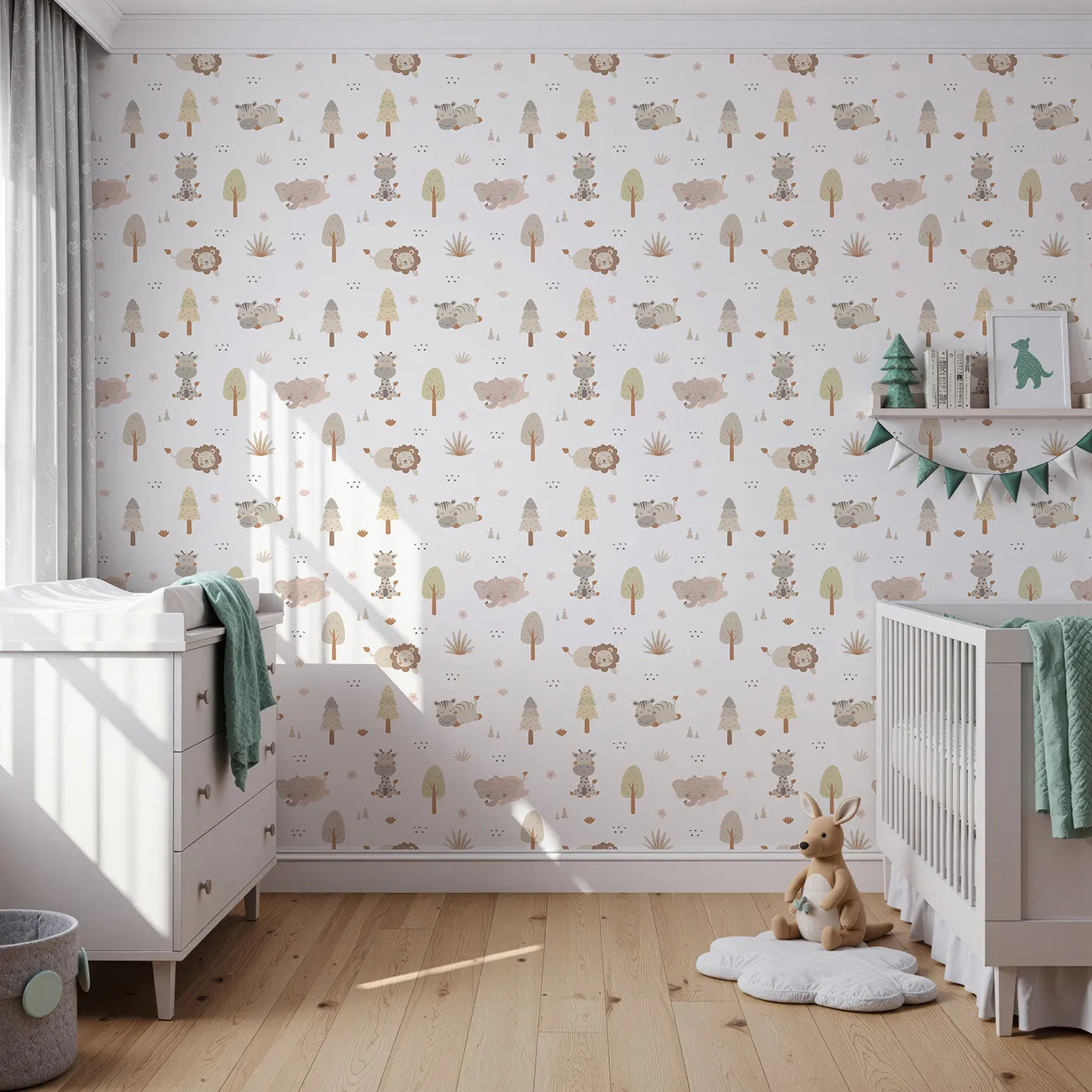 Front view of Whimsy Tots' Sleepy Safari Snuggles Wallpaper in Soft White