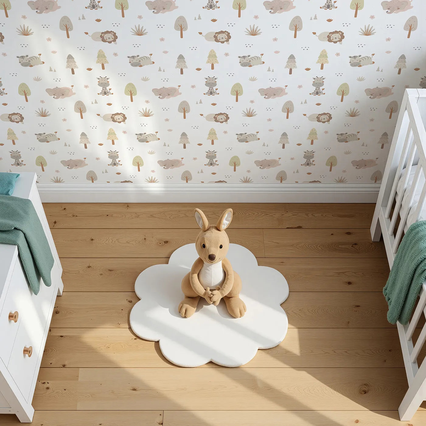 Top-Down view of Whimsy Tots' Sleepy Safari Snuggles Wallpaper in Soft White (W3447E).Gentle jungle friends rest softly across a snowy white sky.