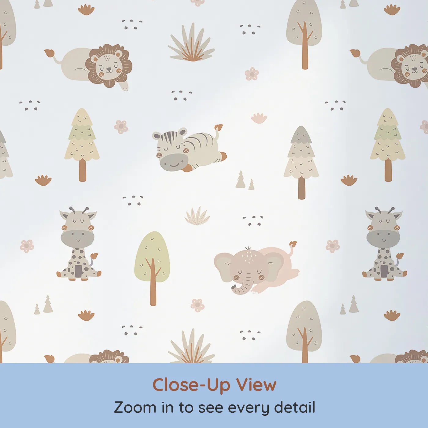 Close-up view of Whimsy Tots' Sleepy Safari Snuggles Wallpaper in Soft White (W3447E).Gentle jungle friends rest softly across a snowy white sky.