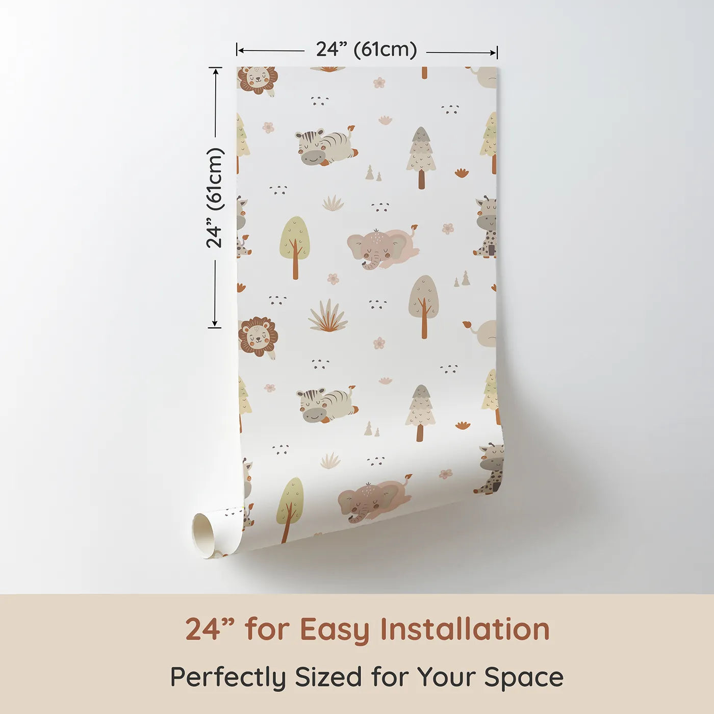 Dimension view of Whimsy Tots Sleepy Safari Snuggles Wallpaper in Soft White (W3447E). Printed in 24-inch-wide panel for easy installation. Gentle jungle friends rest softly across a snowy white sky.