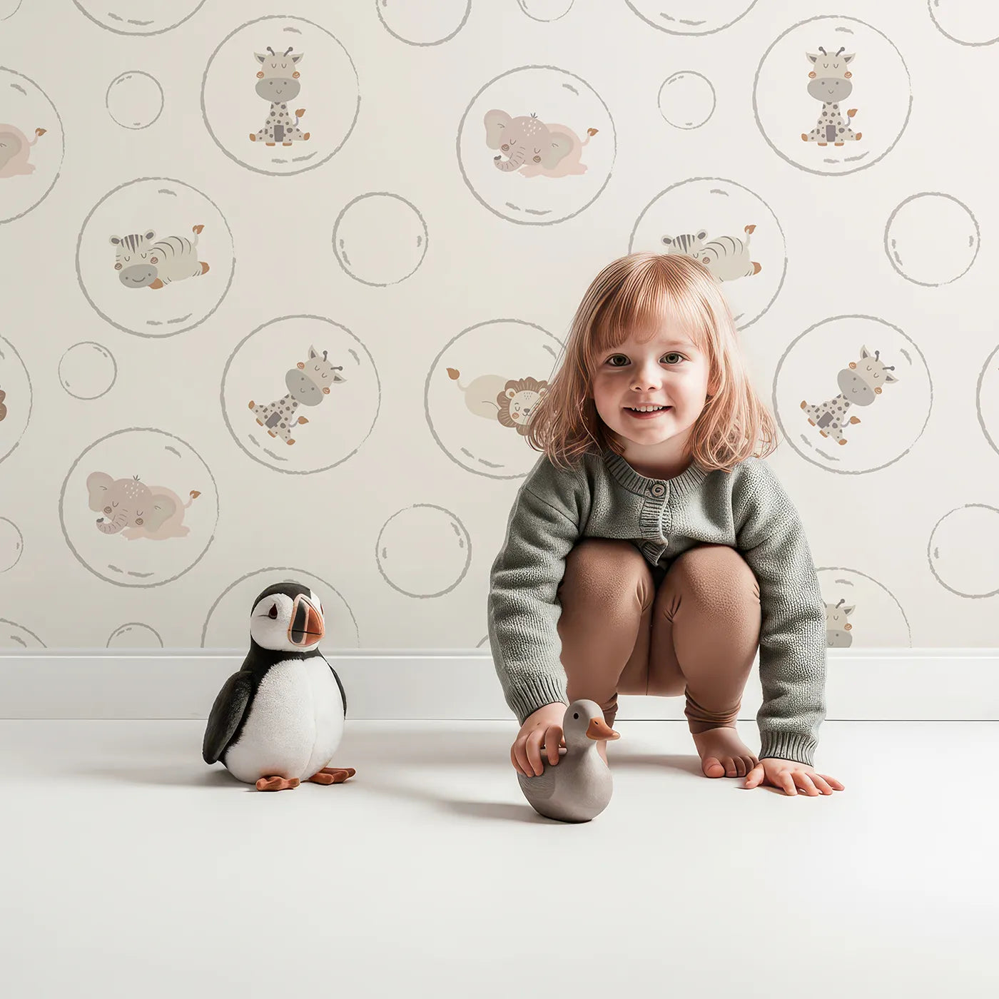 Lovely child standing in front of Whimsy Tots Safari Nap Bubbles Wallpaper in Cream with elephant, zebra, lion, giraffe, hippo, bubble, circle in design.