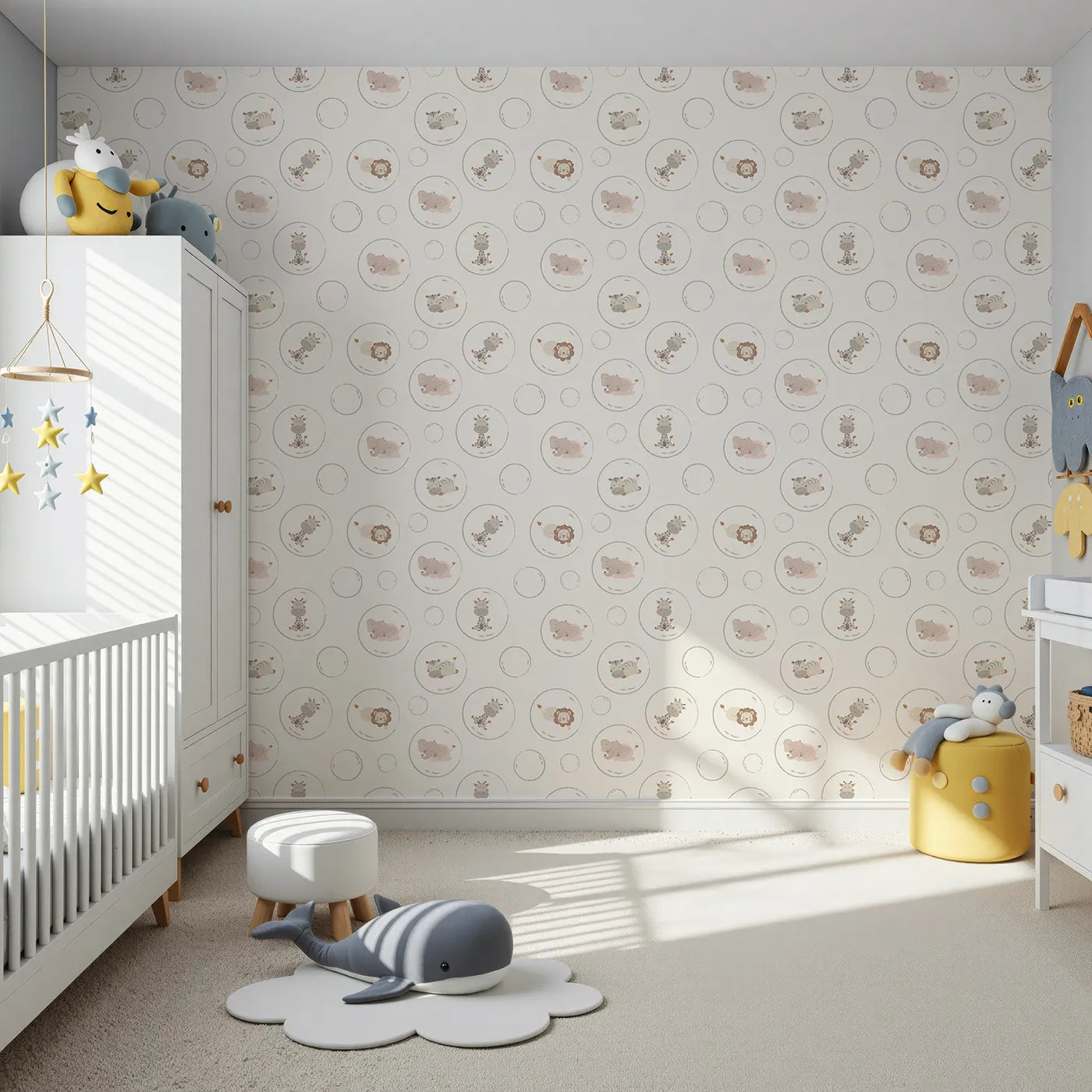 Front view of Whimsy Tots' Safari Nap Bubbles Wallpaper in Cream
