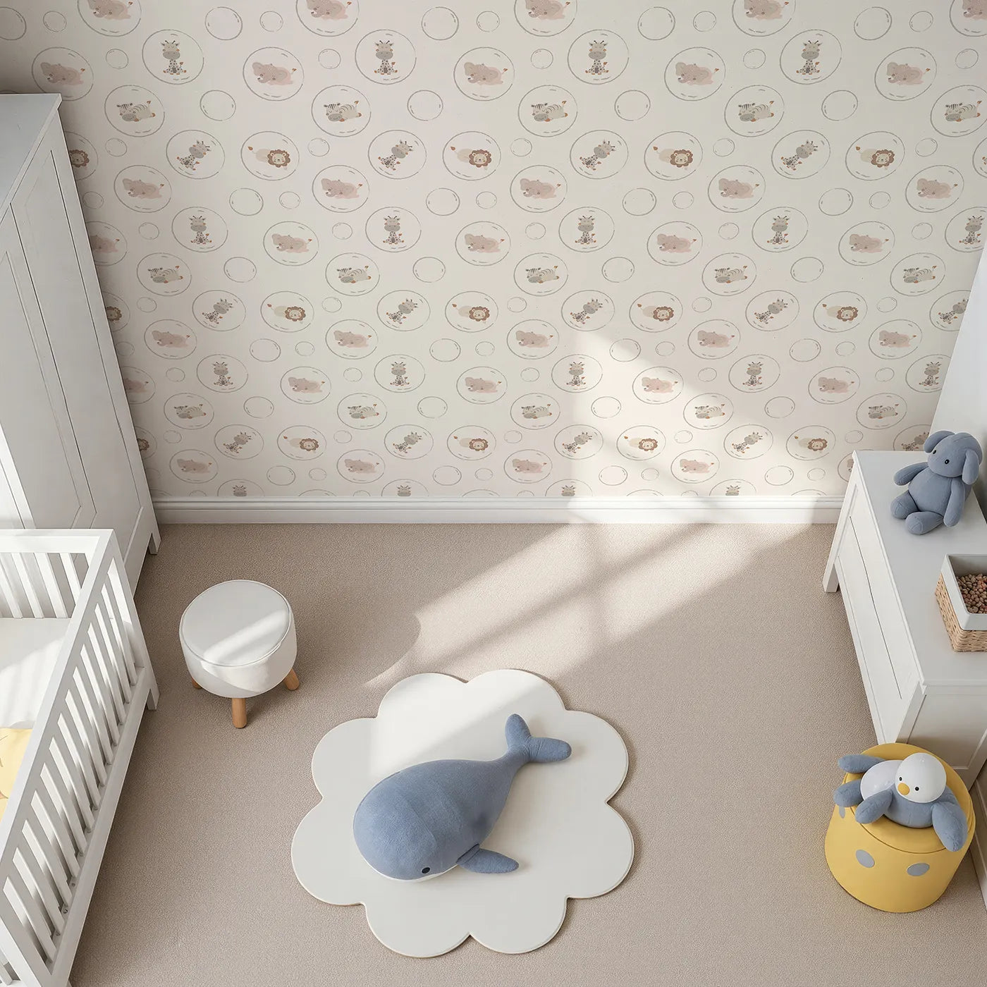 Top-Down view of Whimsy Tots' Safari Nap Bubbles Wallpaper in Cream (W3448A).Sweet jungle friends float in peaceful bubble dreams.