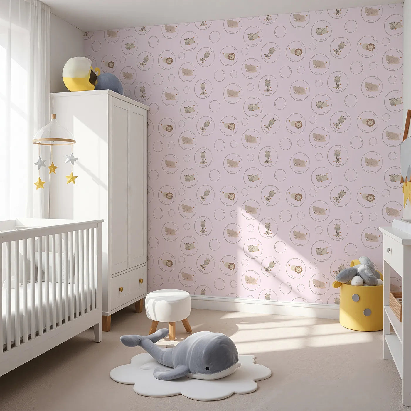 Angled view of Whimsy Tots' Safari Nap Bubbles Wallpaper in Lilac Lavender (W3448B).Sweet jungle friends float gently through a lilac sky.