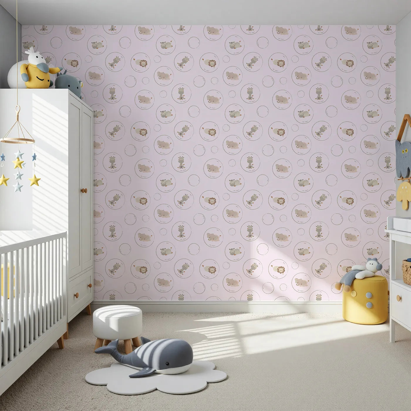 Front view of Whimsy Tots' Safari Nap Bubbles Wallpaper in Lilac Lavender