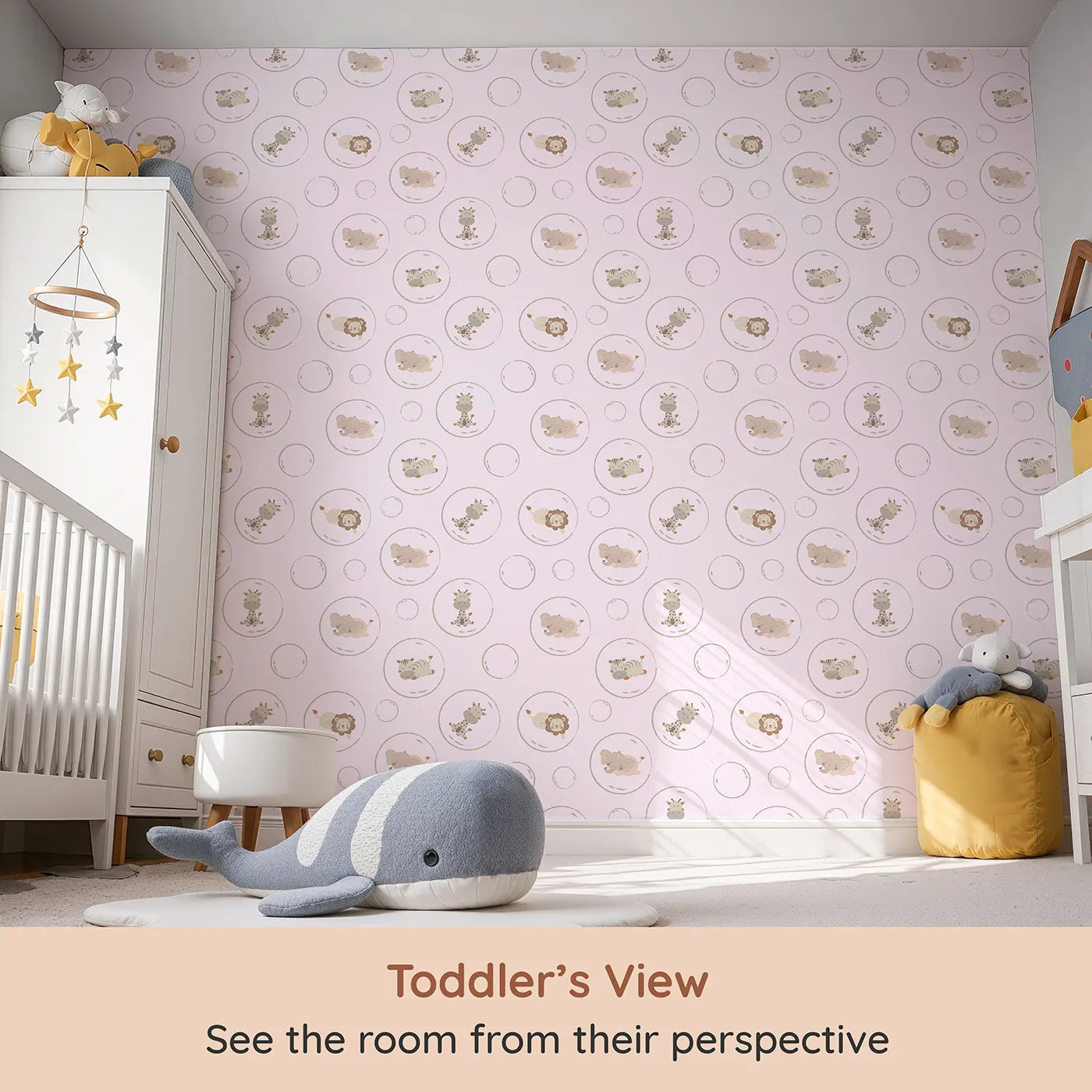 Whimsy Tots Safari Nap Bubbles Wallpaper in Lilac Lavender (W3448B) from your child's view.Sweet jungle friends float gently through a lilac sky.