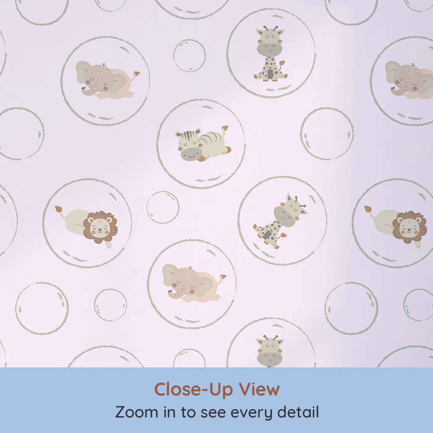Close-up view of Whimsy Tots' Safari Nap Bubbles Wallpaper in Lilac Lavender (W3448B).Sweet jungle friends float gently through a lilac sky.