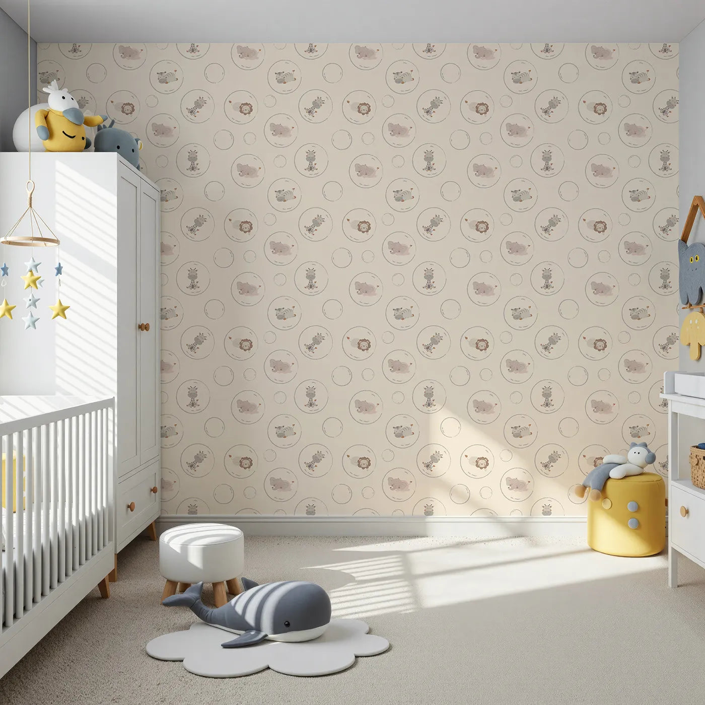 Front view of Whimsy Tots' Safari Nap Bubbles Wallpaper in Peach Beige