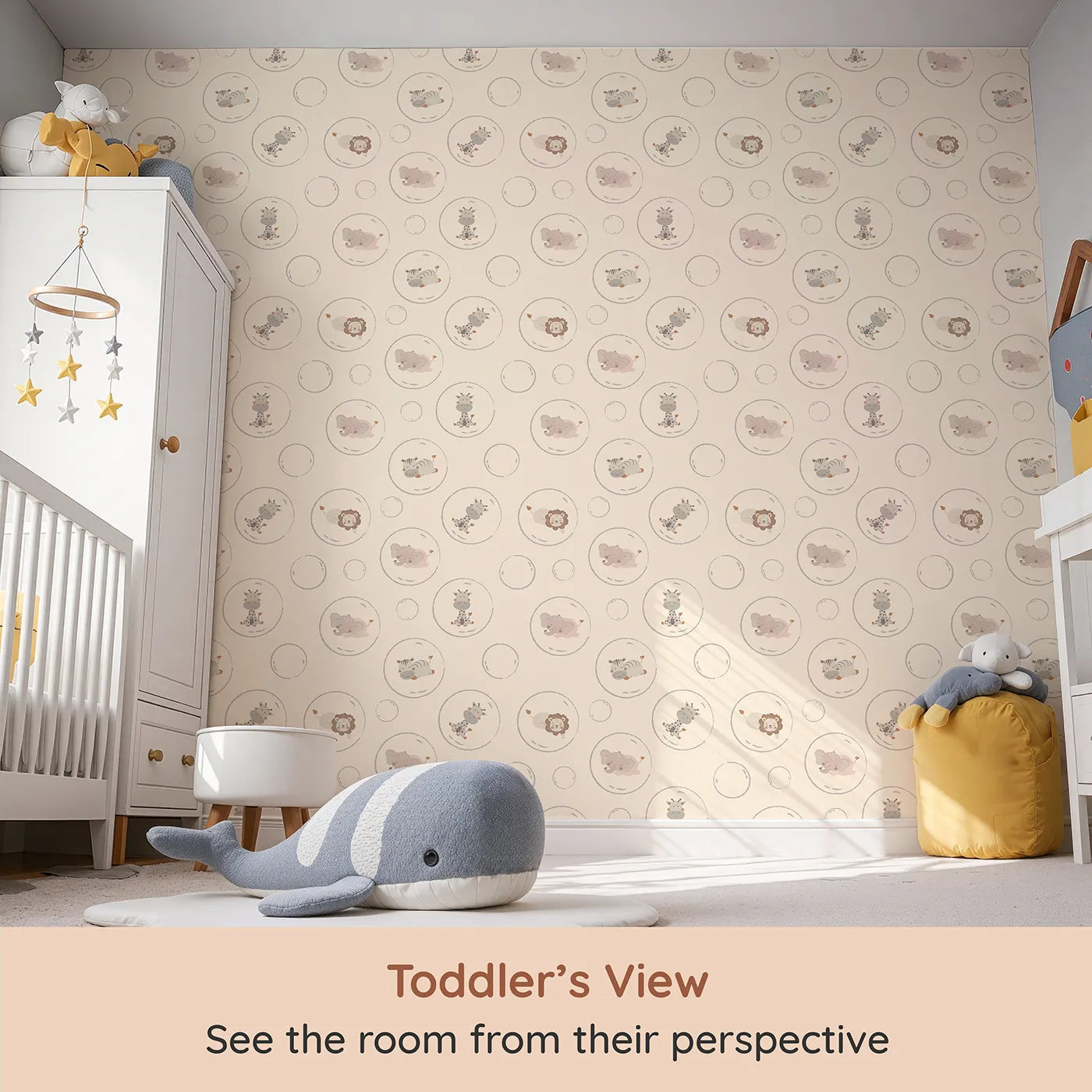 Whimsy Tots Safari Nap Bubbles Wallpaper in Peach Beige (W3448C) from your child's view.Soft jungle friends float peacefully on a peachy beige breeze.
