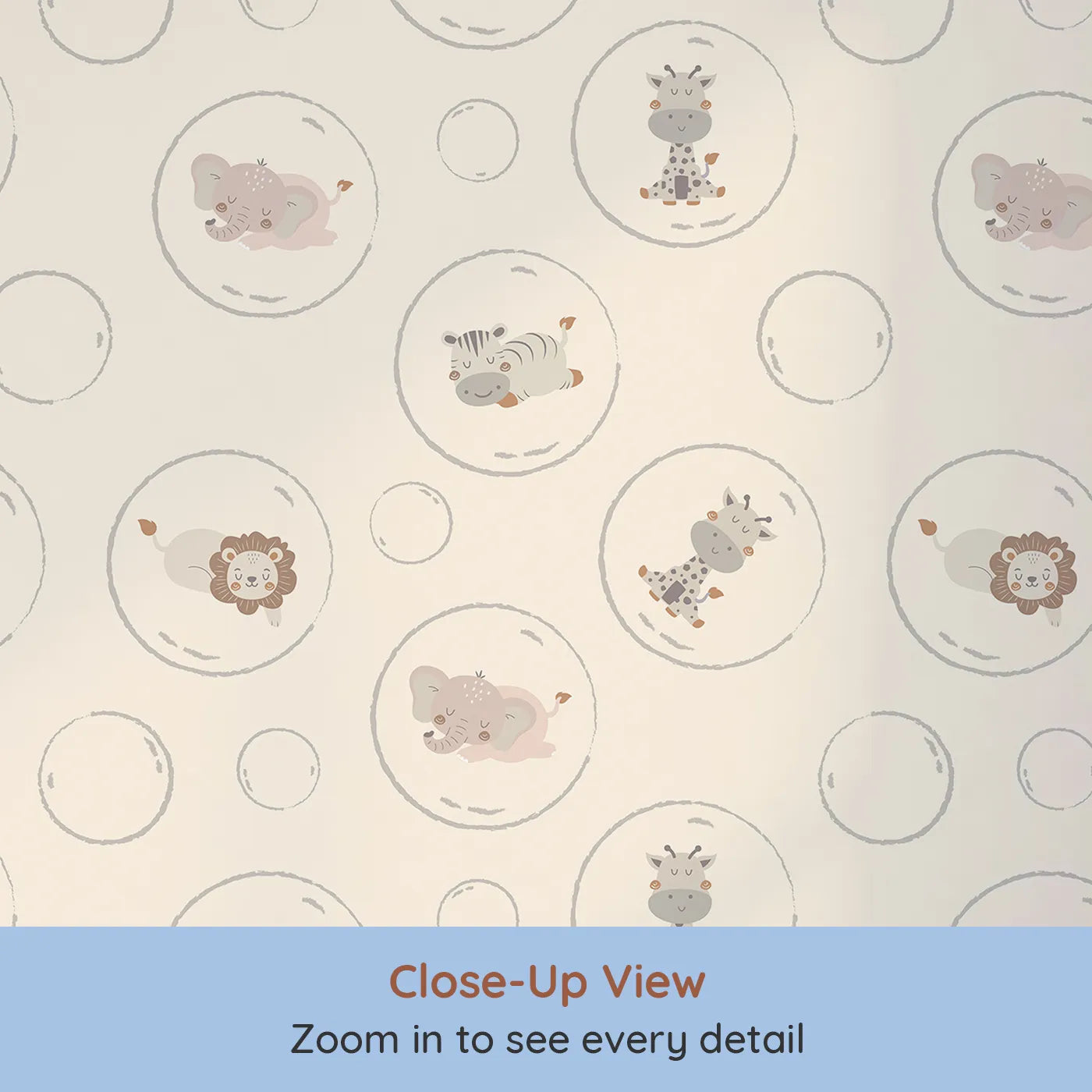 Close-up view of Whimsy Tots' Safari Nap Bubbles Wallpaper in Peach Beige (W3448C).Soft jungle friends float peacefully on a peachy beige breeze.