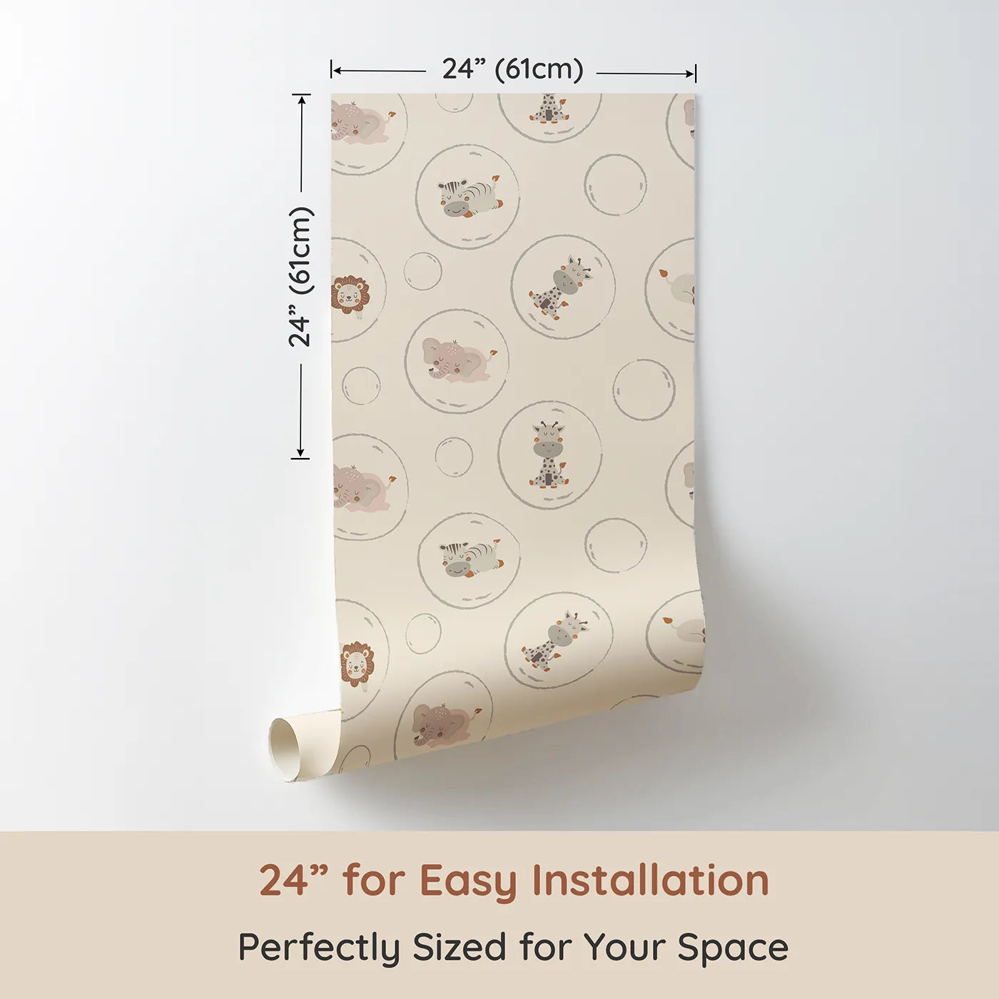 Dimension view of Whimsy Tots Safari Nap Bubbles Wallpaper in Peach Beige (W3448C). Printed in 24-inch-wide panel for easy installation. Soft jungle friends float peacefully on a peachy beige breeze.