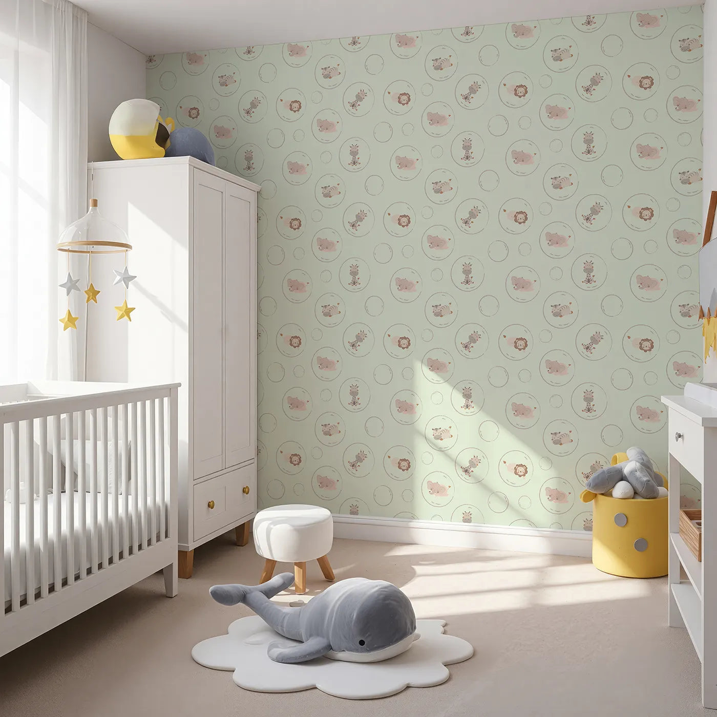 Angled view of Whimsy Tots' Safari Nap Bubbles Wallpaper in Mint Green (W3448D).Jungle friends float gently through a minty breeze.