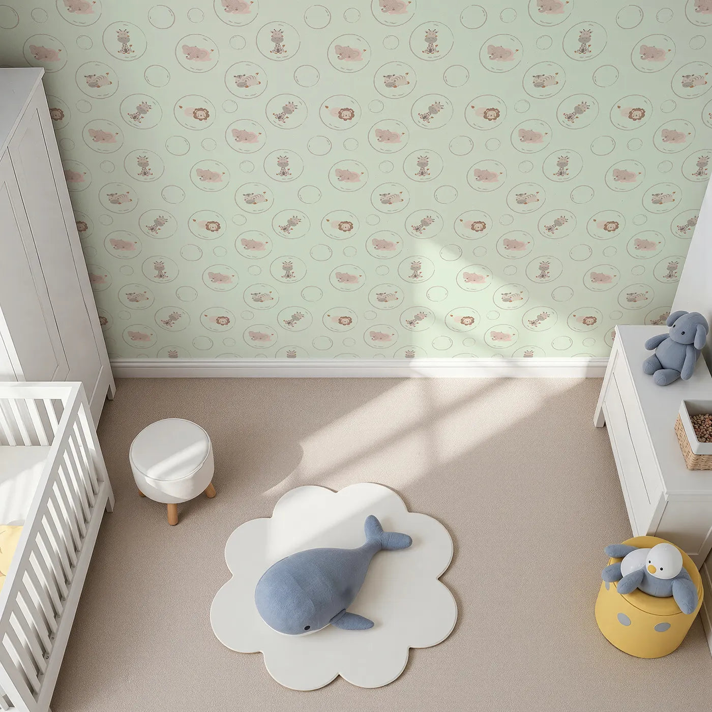 Top-Down view of Whimsy Tots' Safari Nap Bubbles Wallpaper in Mint Green (W3448D).Jungle friends float gently through a minty breeze.