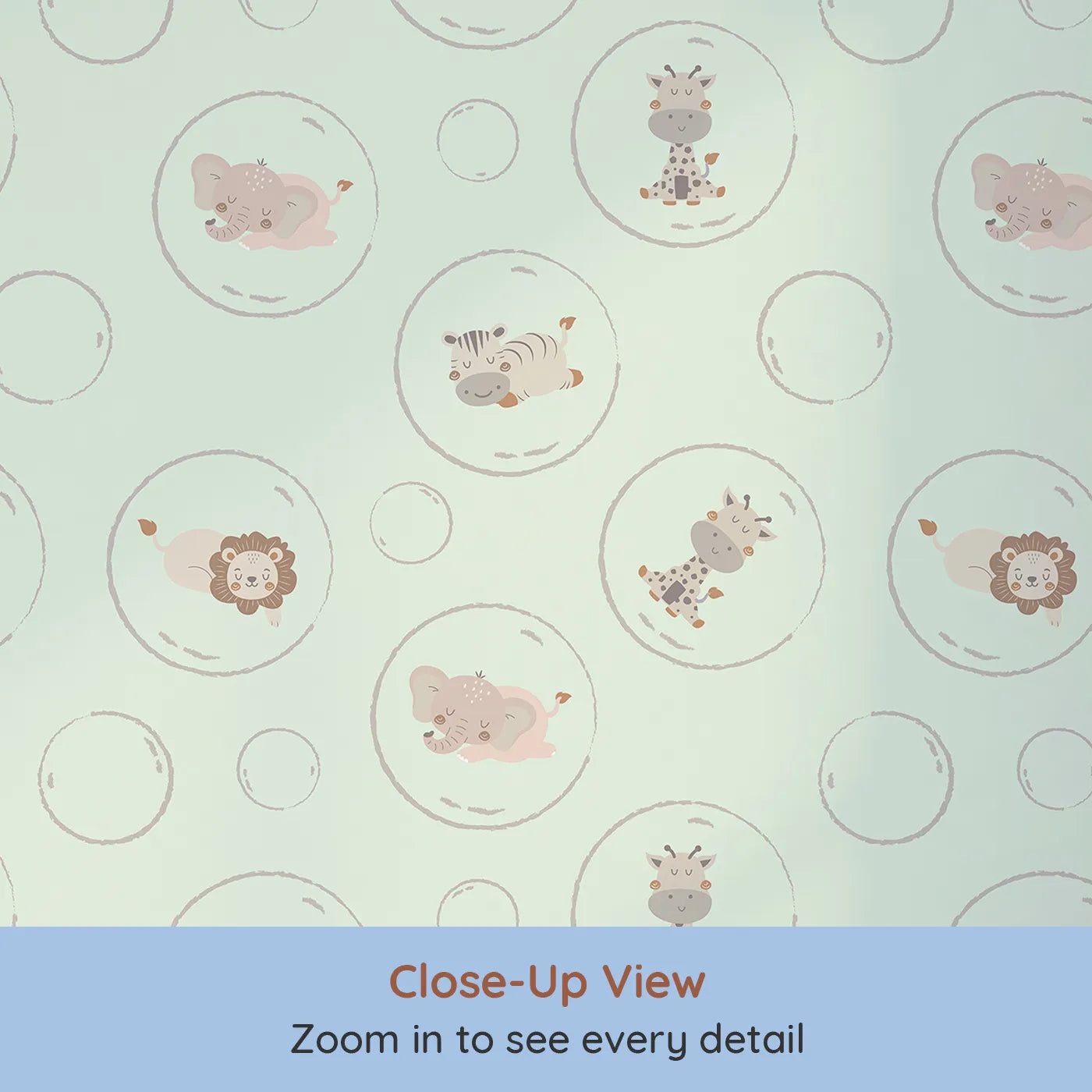 Close-up view of Whimsy Tots' Safari Nap Bubbles Wallpaper in Mint Green (W3448D).Jungle friends float gently through a minty breeze.