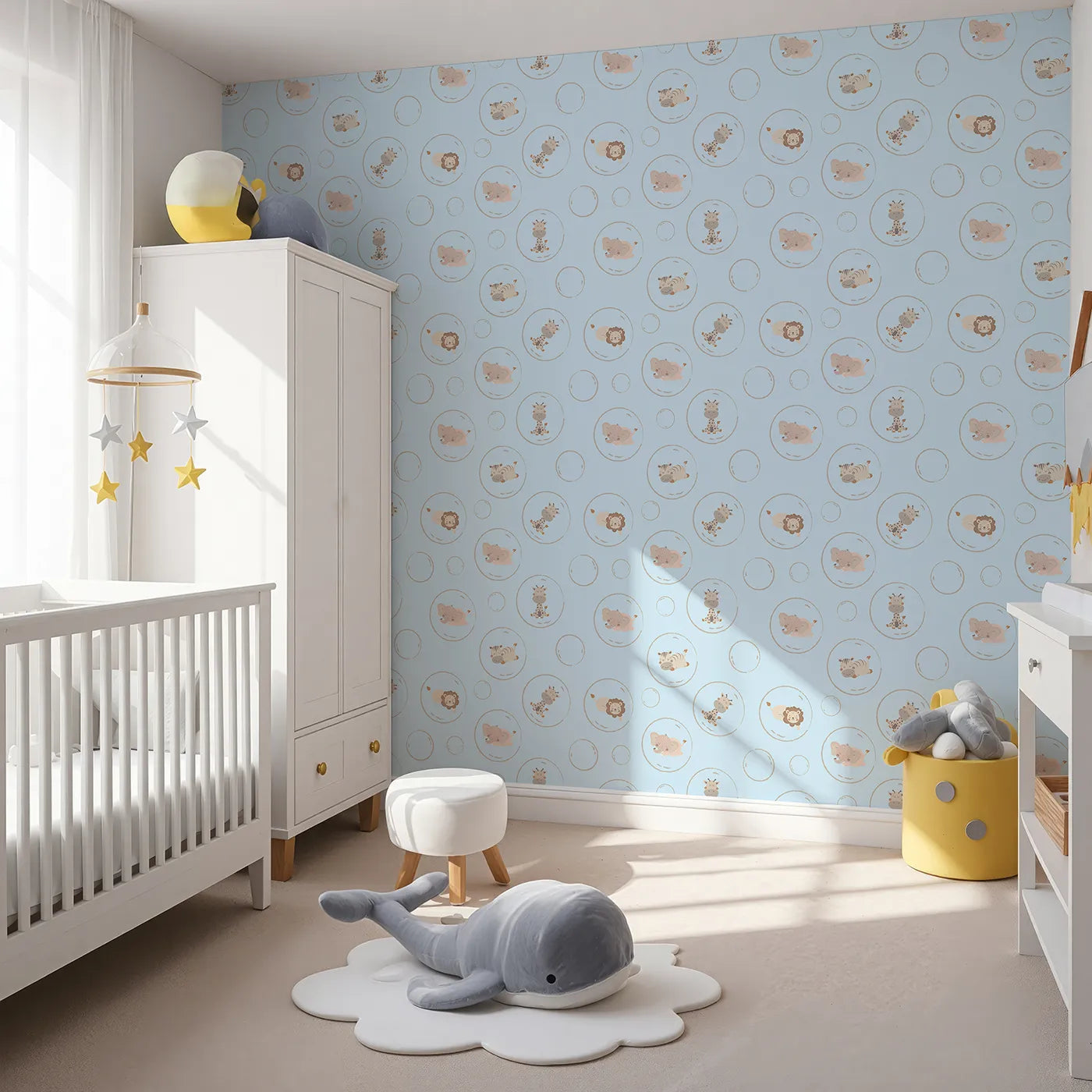 Angled view of Whimsy Tots' Safari Nap Bubbles Wallpaper in Sky Blue (W3448E).Jungle friends float softly through a blue sky of dreams.