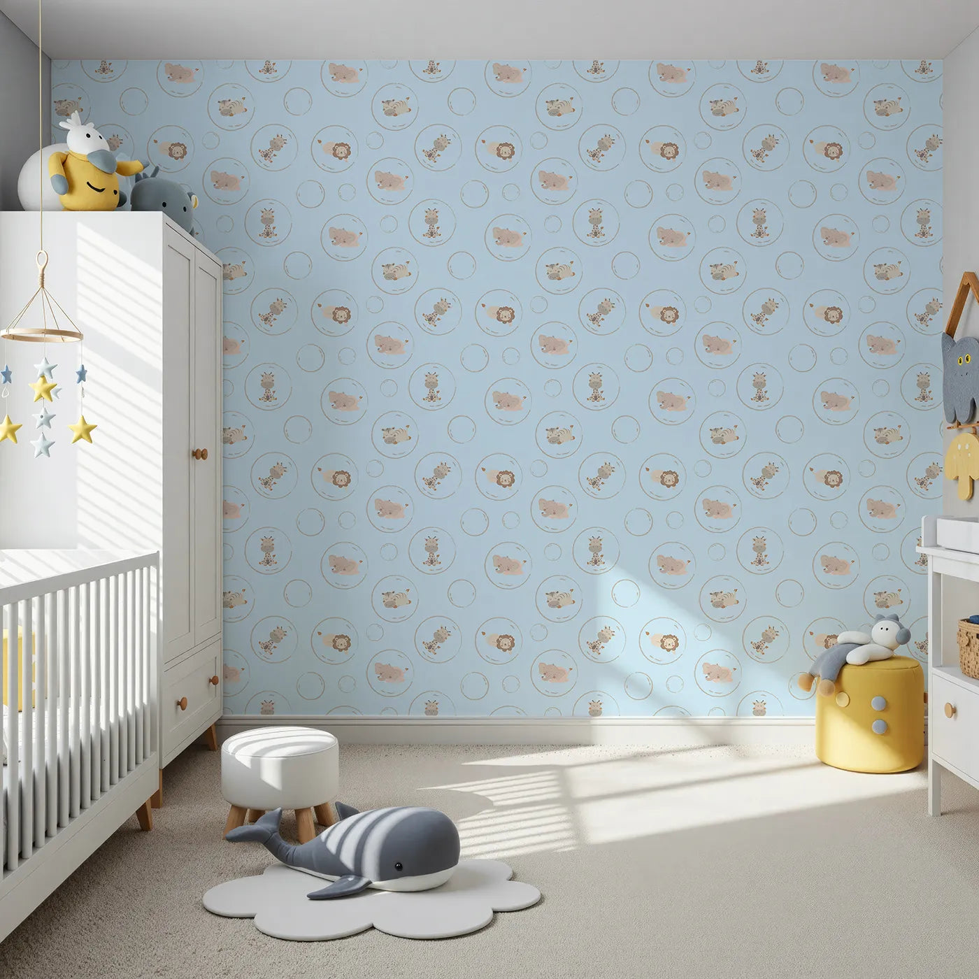 Front view of Whimsy Tots' Safari Nap Bubbles Wallpaper in Sky Blue