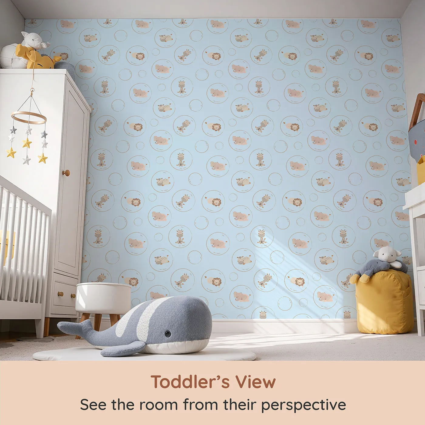 Whimsy Tots Safari Nap Bubbles Wallpaper in Sky Blue (W3448E) from your child's view.Jungle friends float softly through a blue sky of dreams.
