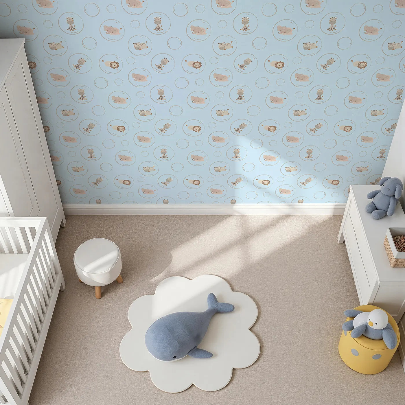 Top-Down view of Whimsy Tots' Safari Nap Bubbles Wallpaper in Sky Blue (W3448E).Jungle friends float softly through a blue sky of dreams.
