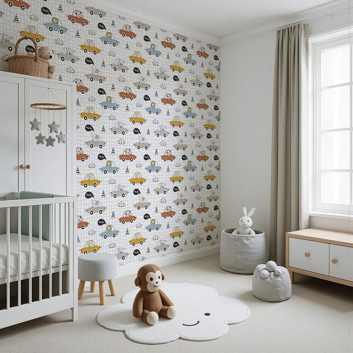 Angled view of Whimsy Tots' Animal Drivers Parade Wallpaper in White Grid (W3449A).Cheerful animals cruise across a white grid road of fun.