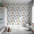 Front view of Whimsy Tots' Animal Drivers Parade Wallpaper in White Grid