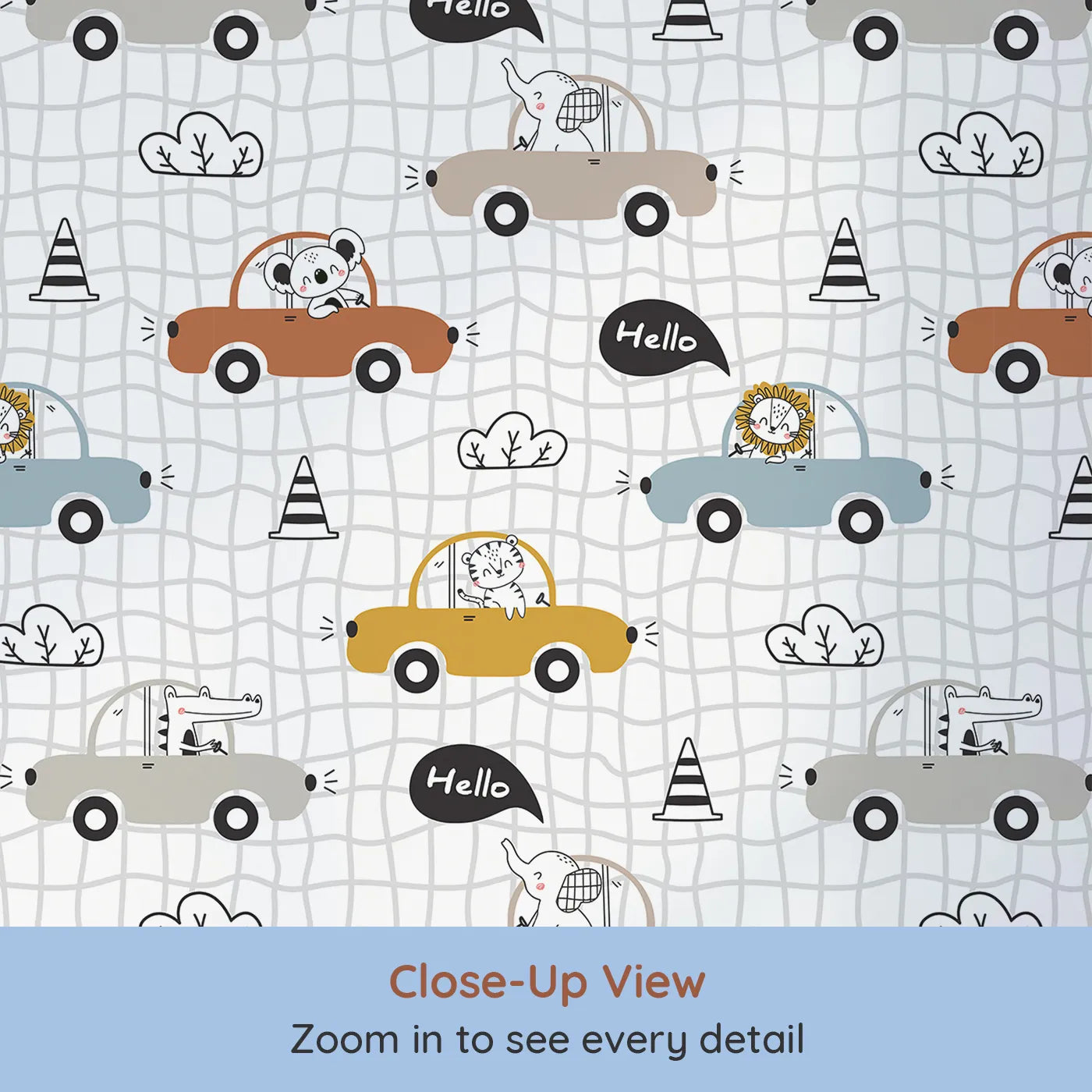 Close-up view of Whimsy Tots' Animal Drivers Parade Wallpaper in White Grid (W3449A).Cheerful animals cruise across a white grid road of fun.